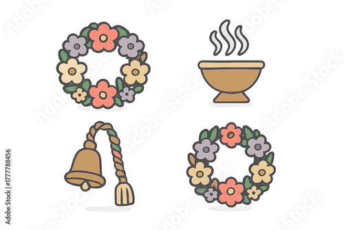 Spiritual and seasonal symbols set including floral wreaths, censer, and ritual bell icons