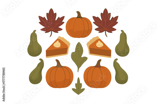 Autumn harvest arrangement featuring pumpkins gourds maple leaves and slices of pumpkin pie