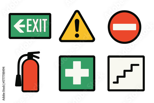Set of universal emergency and hazard symbols including exit, fire, caution, and first aid icons