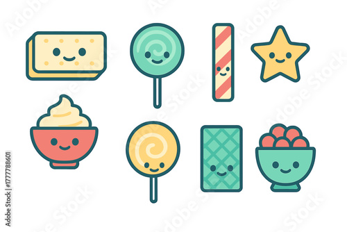 Cute cartoon collection of sweets, candies, desserts, lollipops, wafers, cookies, and ice cream bowls