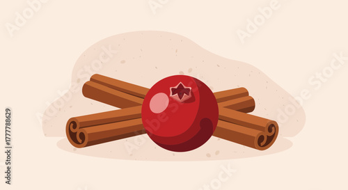 Vibrant Arrangement of Cinnamon Sticks and Red Berry, Delightful Culinary Illustration