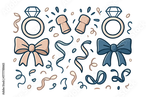 Festive collection of engagement rings, decorative bows, and popping champagne corks with confetti
