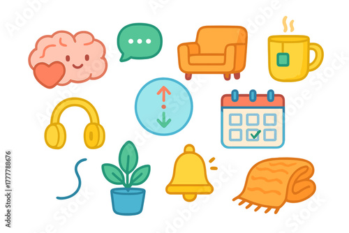 Cozy lifestyle and self-care elements including brain, armchair, hot tea, headphones, calendar, and plant