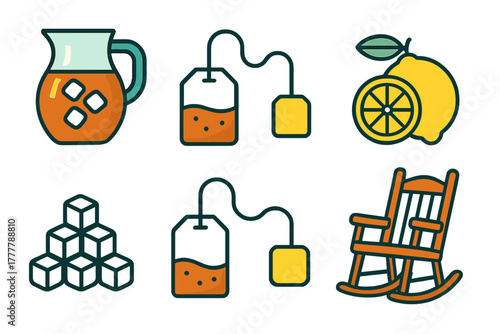 Pitcher of iced tea, lemon, sugar cubes, tea bags, and a wooden rocking chair