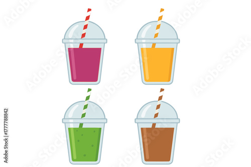 Four colorful fruit smoothies or milkshakes in plastic takeaway cups with striped drinking straws on white background