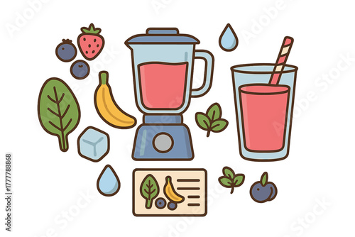 Blender, fresh berries, and spinach ingredients for making a healthy green smoothie