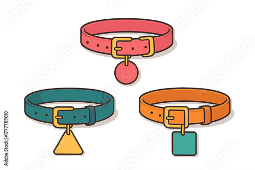 Collection of three brightly colored pet collars with metal buckles and blank identification tags