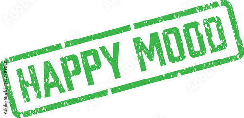 A cheerful green rectangular rubber stamp displaying the distressed text HAPPY MOOD