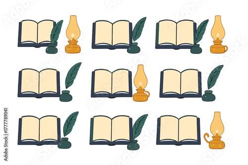 Seamless pattern of vintage writing tools, open books, feather quills, inkwells, and antique oil lamps