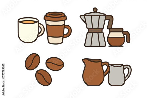 Coffee making equipment and serving vessels set including mugs, cups, pots, and roasted beans