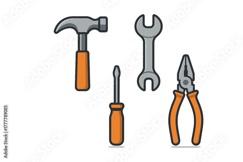 Essential construction and repair hand tools set featuring hammer, wrench, screwdriver, and pliers