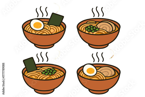 Four different bowls of hot Japanese ramen noodles with traditional toppings