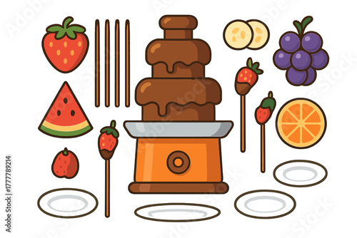 Tiered chocolate fountain surrounded by fresh strawberries, grapes, watermelon, and banana slices