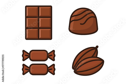 Assortment of sweet chocolate products including candy bar, praline, wrapped sweets, and cocoa pods