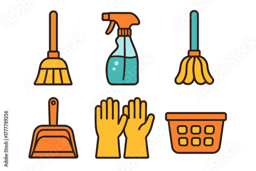 Household cleaning tools and supplies including broom, mop, gloves, spray bottle, dustpan, and basket