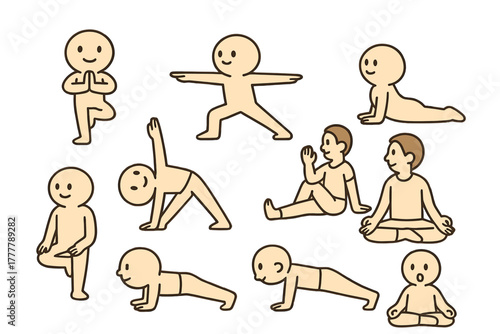 Set of simple cartoon characters demonstrating various yoga and fitness poses and exercises