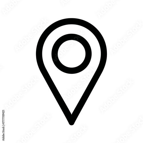 Minimalist location pin icon outline, map marker symbol for GPS navigation, travel destination, point of interest, geographic position