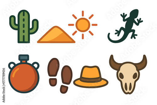 Set of essential symbols for desert travel and western adventure including cactus, bull skull, sun, and lizard