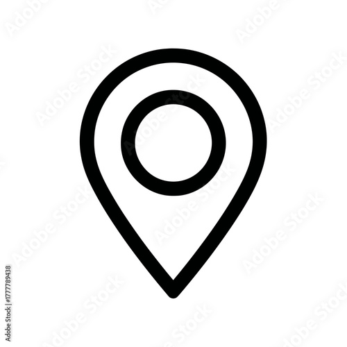 Minimal black outline location pin icon on white background. GPS map pointer symbol for navigation, place, address, and geographic destination.