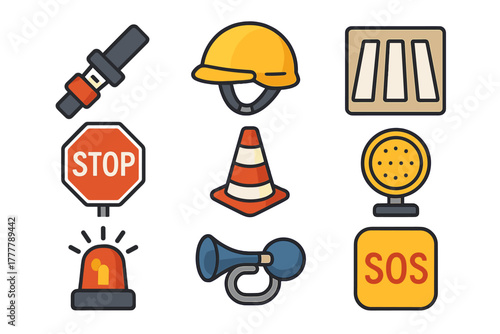 Safety equipment and emergency warning icons set featuring helmet, stop sign, and siren