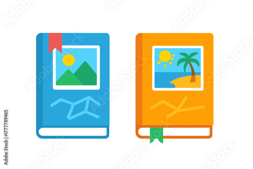 Pair of blue and orange books with scenic covers representing travel and memories