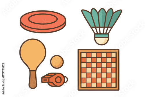 Sports and game equipment set featuring frisbee shuttlecock paddle whistle and checkerboard