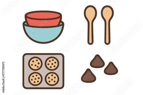 Set of baking tools and cookie ingredients including mixing bowls, wooden spoons, and chocolate morsels