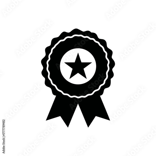 Elegant black rosette award ribbon icon with a central star, symbolizing achievement, quality, success, and best choice.