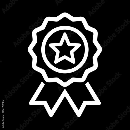 Premium Quality Award Badge Icon with Star. Best Choice Guarantee Symbol. Vector Line Art Illustration on Black Background.