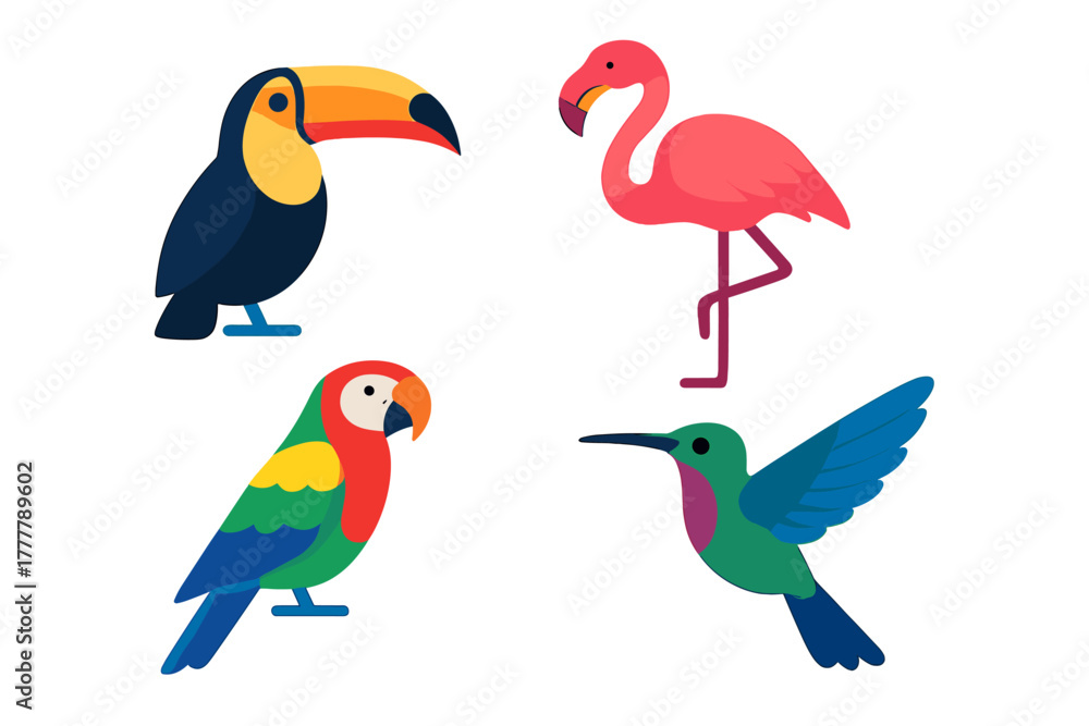 Fototapeta premium Vibrant collection of tropical birds including toucan, flamingo, parrot, and hummingbird