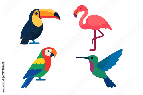 Vibrant collection of tropical birds including toucan, flamingo, parrot, and hummingbird