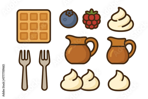 Waffle, fresh berries, whipped cream, syrup pitchers, and forks for sweet breakfast and dessert