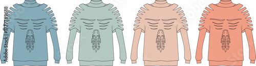 Fashion concept designs for four unique long-sleeve tops, featuring distressed rib cage sleeves and skull graphics, presented in varied modern colors