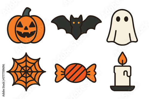 Collection of spooky Halloween symbols including pumpkin, bat, ghost, and candy