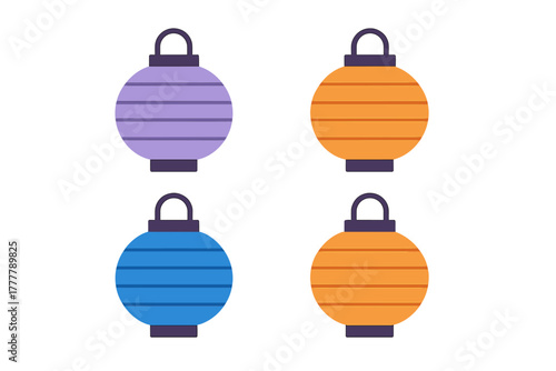 Colorful traditional round paper lanterns set for holiday and festival decoration