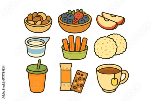Assortment of healthy snacks and beverages including fruit, nuts, yogurt, granola, and tea