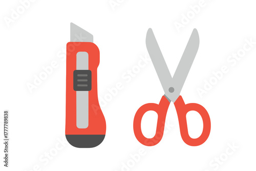 Red utility knife and open scissors, essential cutting tools on a clean white background