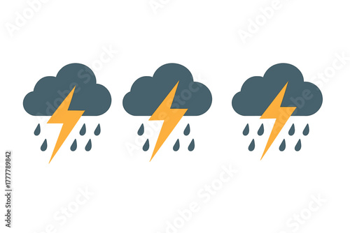 Row of three dark clouds with yellow lightning bolts and falling raindrops