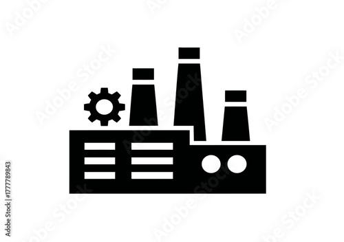 Industrial factory building icon with smokestacks and gear. Manufacturing plant silhouette symbol for production, business, and industry concepts.