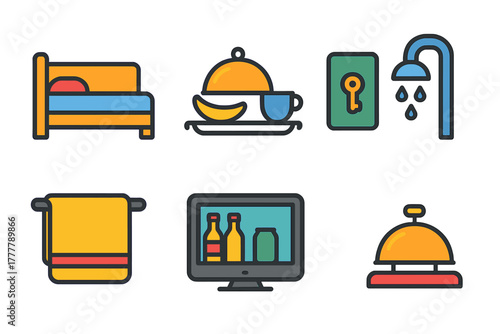 Collection of colorful symbols representing essential hotel and accommodation services
