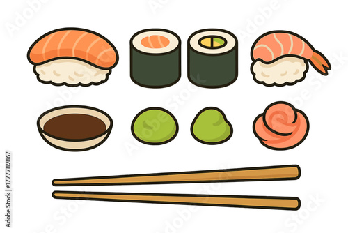 Japanese sushi pieces and condiments set including nigiri maki wasabi and chopsticks
