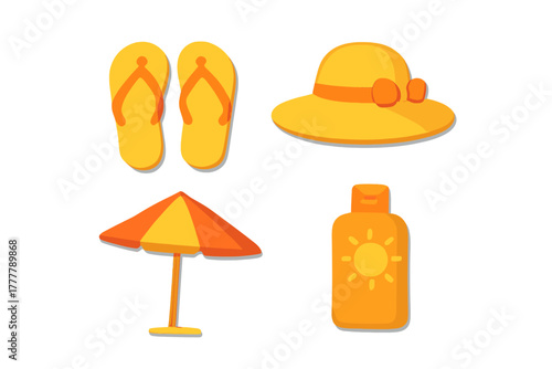 Bright yellow and orange summer beach accessories set with flip flops, sun hat, umbrella, and sunscreen lotion