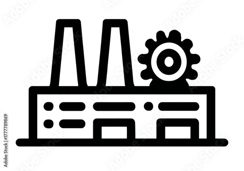 Industrial factory building icon with smokestacks and gear, representing manufacturing, production, and engineering processes. Simple outline vector illustration.