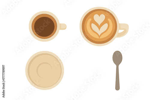 Flat lay composition featuring two mugs of coffee, one with heart-shaped latte foam design