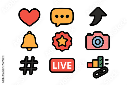 Colorful social media interface icons set featuring heart, comment, notification bell, and live stream symbols