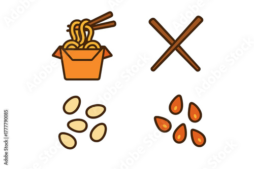 Asian cuisine icons set featuring a noodle box, chopsticks, and sesame seeds