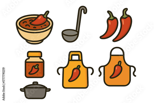 Spicy food and cooking elements set featuring chili peppers, bowl, ladle, pot, and aprons