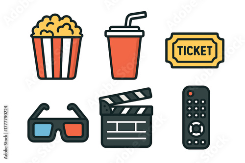 Colorful cinema and movie night elements including popcorn, soda, ticket, 3D glasses, and clapperboard