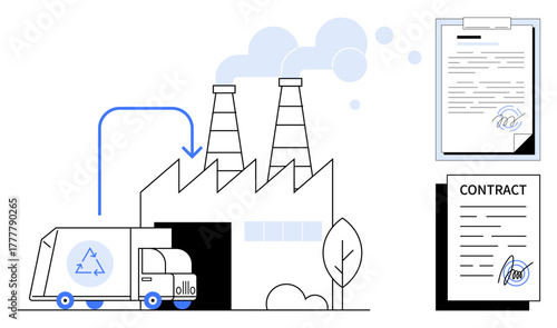 Recycling truck unloading materials at factory with visible documents and signatures. Ideal for recycling, sustainability, environmental agreements, contracts, logistics, clean energy, simple flat