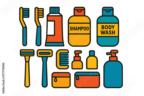 Colorful assortment of personal care and cosmetic products for hygiene routine